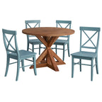 Dining Set 5-Piece 45.25" Round Table 4 Cross-Back Chairs Rubberwood Pedestal Farmhouse
