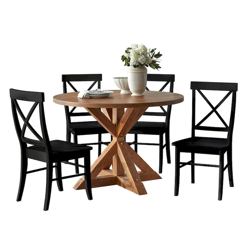 Dining Set 5-Piece 45.25" Round Table 4 Cross-Back Chairs Rubberwood Pedestal Farmhouse