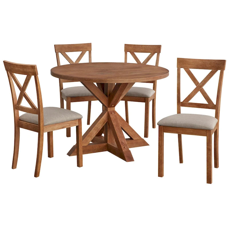 Dining Set 5-Piece 45.25" Round Table 4 Cross-Back Chairs Rubberwood Pedestal Farmhouse