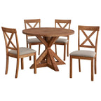 Dining Set 5-Piece 45.25" Round Table 4 Cross-Back Chairs Rubberwood Pedestal Farmhouse
