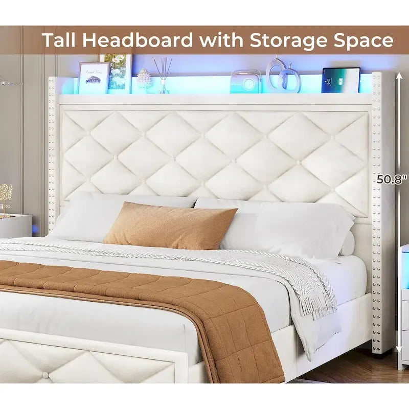 LED Bed Frame with 51.2 Tall Headboard Charging Station