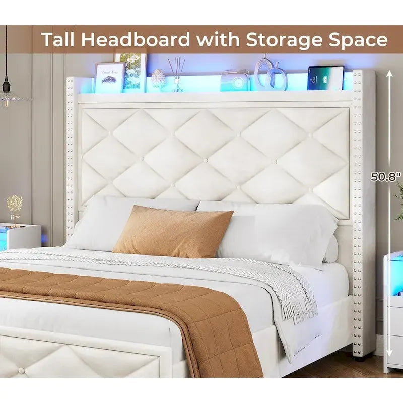 LED Bed Frame with 51.2 Tall Headboard Charging Station