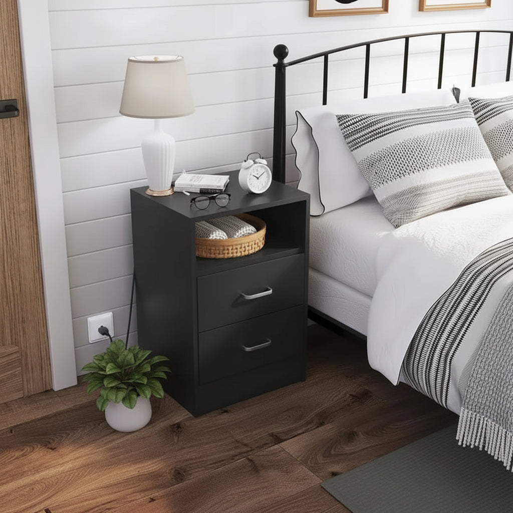 Nightstand 3 Drawers USB Charging Station 2 Outlets Open Shelf MDF Black 15.8"W