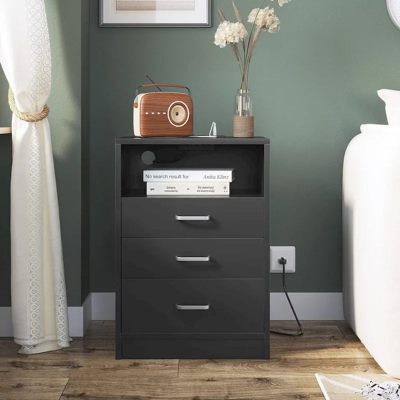Nightstand 3 Drawers USB Charging Station 2 Outlets Open Shelf MDF Black 15.8"W