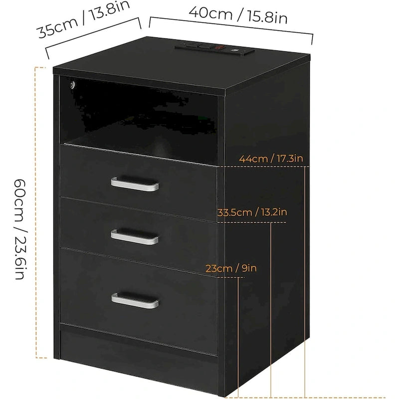 Nightstand 3 Drawers USB Charging Station 2 Outlets Open Shelf MDF Black 15.8"W