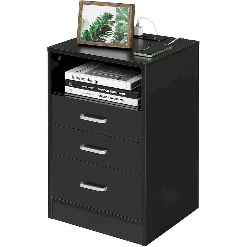 Nightstand 3 Drawers USB Charging Station 2 Outlets Open Shelf MDF Black 15.8"W