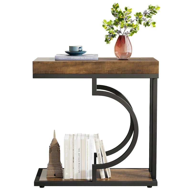 2 Tiers C Shaped Narrow End Chairside Table for Living Room