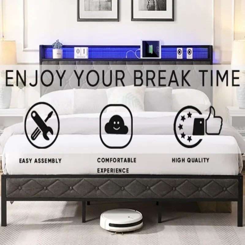 King Bed Frame with Storage Headboard, Charging Station and LED Lights, Upholstered Platform Bed