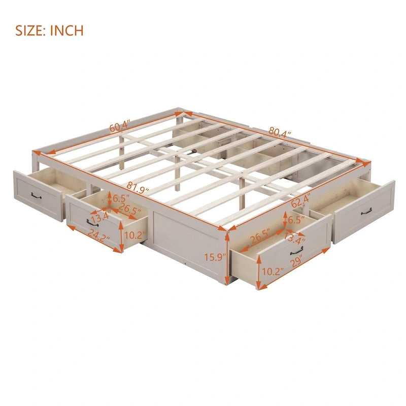 Queen Size Platform Bed with 6 Storage Drawers