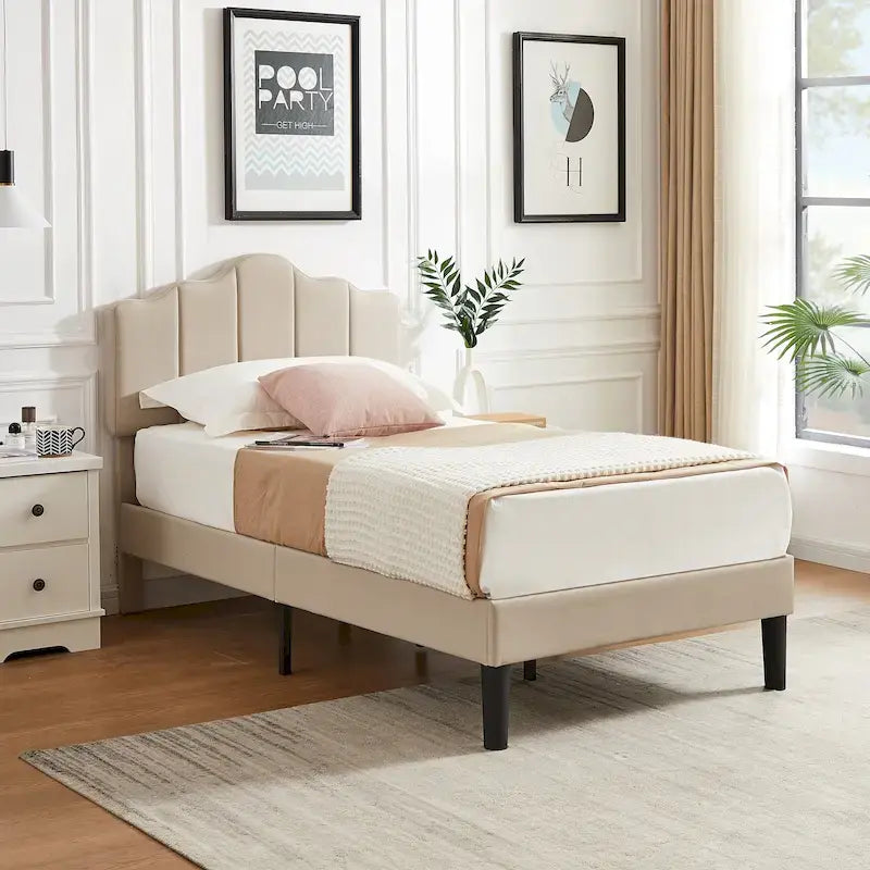 Javlergo Upholstered Platform Bed Frame with Adjustable Headboard, Wood Slat Support and Noise-Free, No Box Spring Needed