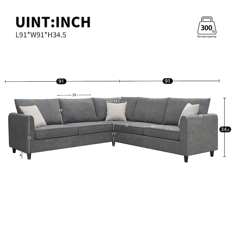 Modern Upholstered L-Shaped Sectional Sofa Couch with 3 Pillows