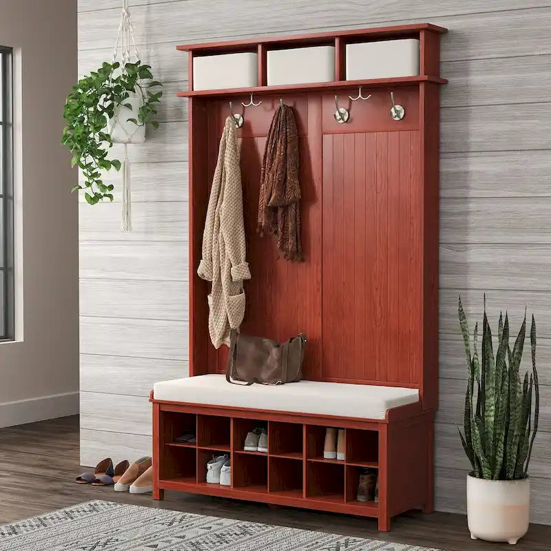 Solid Wood Hall Tree with Shoe Storage Bench - 6 Hooks, 3 Storage Bins, Reversible Panels, Cushioned Seat