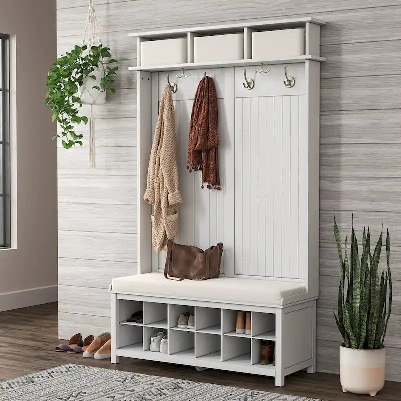 Solid Wood Hall Tree with Shoe Storage Bench - 6 Hooks, 3 Storage Bins, Reversible Panels, Cushioned Seat