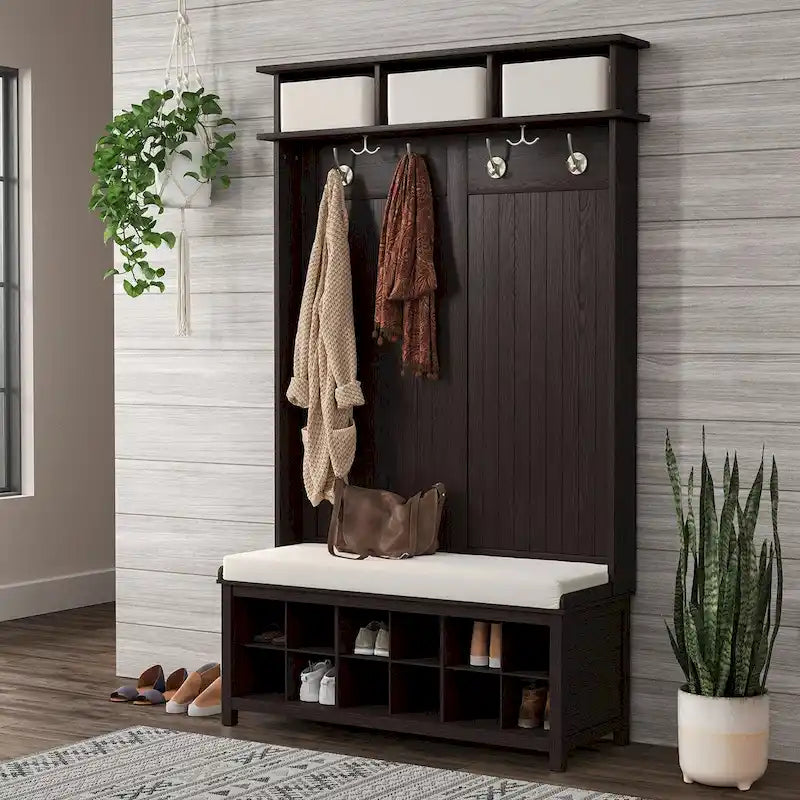 Solid Wood Hall Tree with Shoe Storage Bench - 6 Hooks, 3 Storage Bins, Reversible Panels, Cushioned Seat