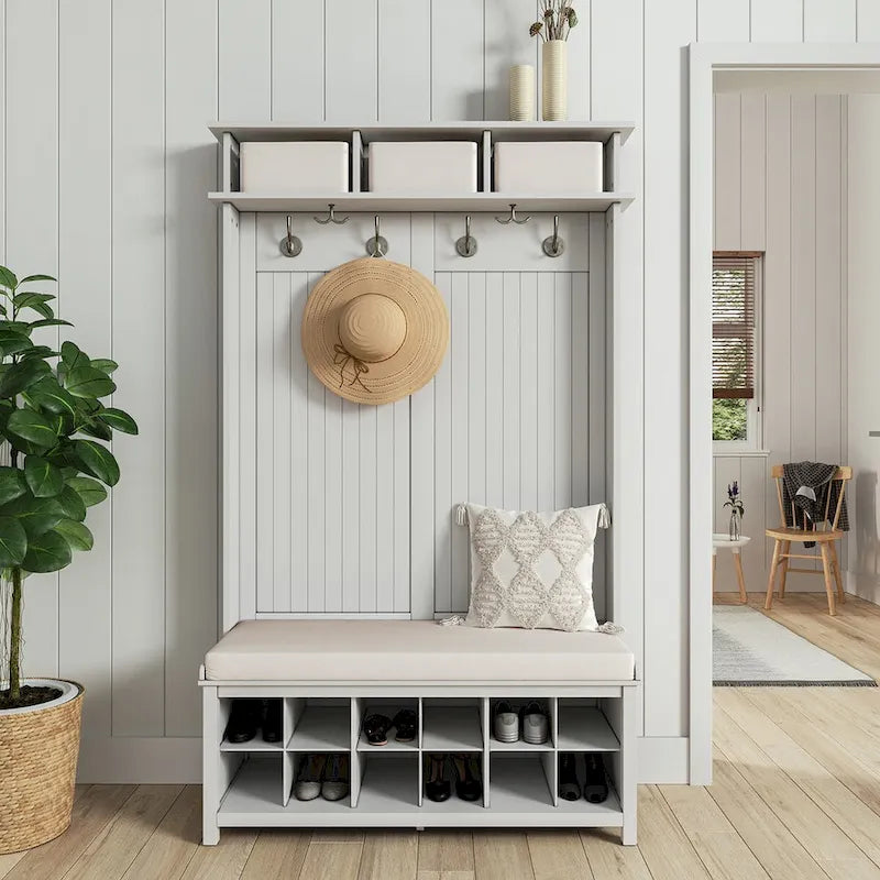 Solid Wood Hall Tree with Shoe Storage Bench - 6 Hooks, 3 Storage Bins, Reversible Panels, Cushioned Seat