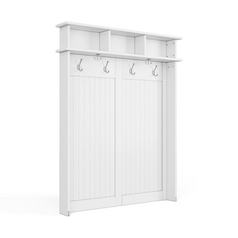 Solid Wood Hall Tree with Shoe Storage Bench - 6 Hooks, 3 Storage Bins, Reversible Panels, Cushioned Seat