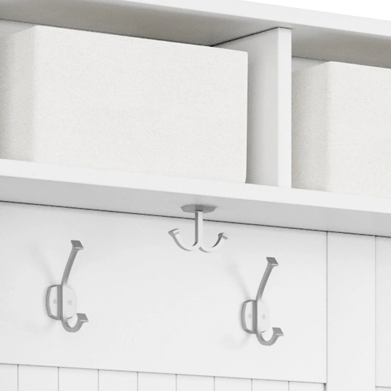 Solid Wood Hall Tree with Shoe Storage Bench - 6 Hooks, 3 Storage Bins, Reversible Panels, Cushioned Seat