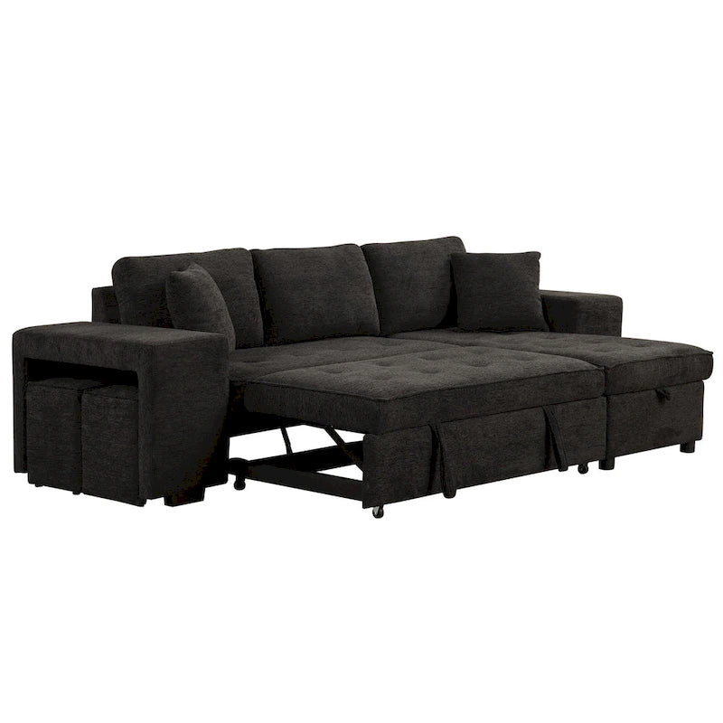 104 Modern L-Shape 3 Seat Reversible Sectional Couch, Pull Out Sleeper Sofa with Storage Chaise and 2 Stools