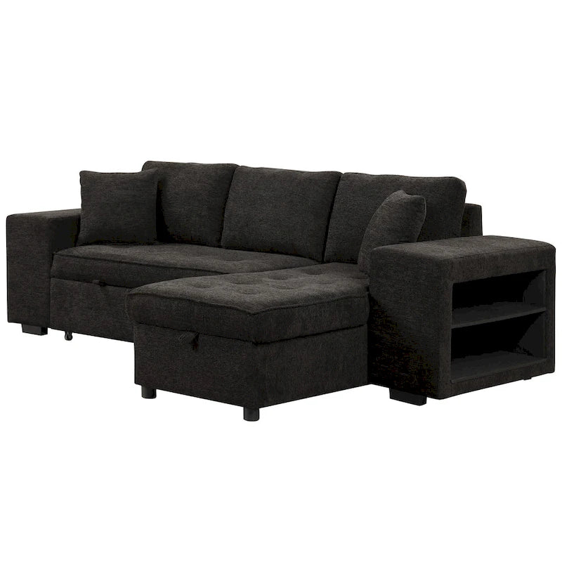 104 Modern L-Shape 3 Seat Reversible Sectional Couch, Pull Out Sleeper Sofa with Storage Chaise and 2 Stools
