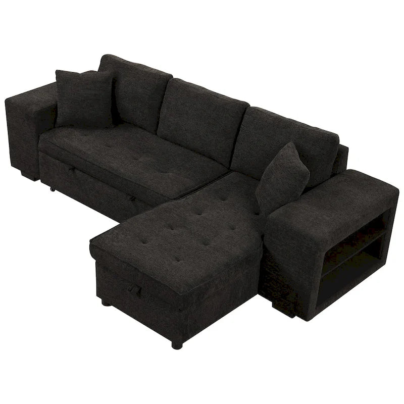 104 Modern L-Shape 3 Seat Reversible Sectional Couch, Pull Out Sleeper Sofa with Storage Chaise and 2 Stools