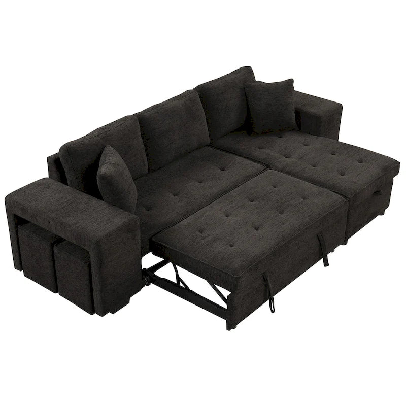 104 Modern L-Shape 3 Seat Reversible Sectional Couch, Pull Out Sleeper Sofa with Storage Chaise and 2 Stools