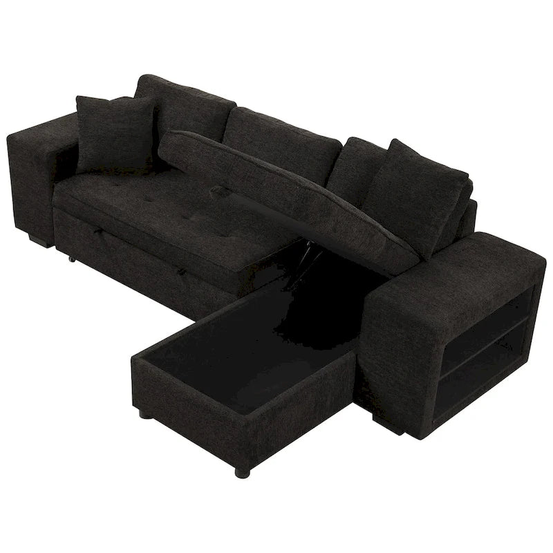 104 Modern L-Shape 3 Seat Reversible Sectional Couch, Pull Out Sleeper Sofa with Storage Chaise and 2 Stools