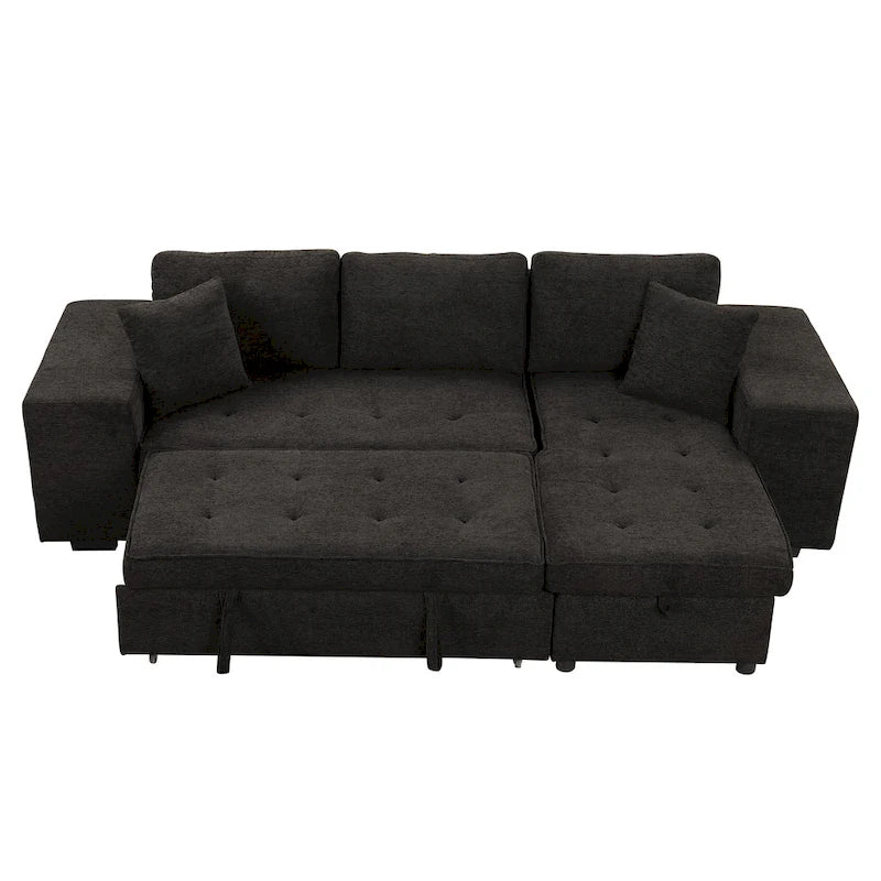 104 Modern L-Shape 3 Seat Reversible Sectional Couch, Pull Out Sleeper Sofa with Storage Chaise and 2 Stools