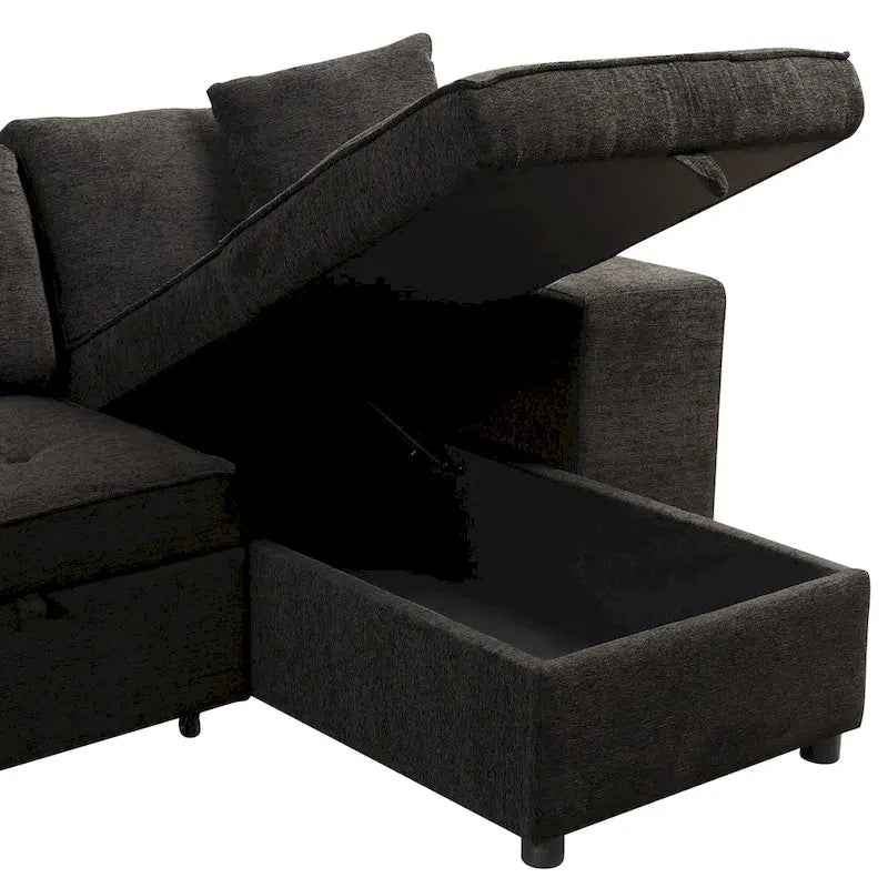 104 Modern L-Shape 3 Seat Reversible Sectional Couch, Pull Out Sleeper Sofa with Storage Chaise and 2 Stools