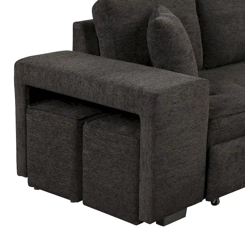 104 Modern L-Shape 3 Seat Reversible Sectional Couch, Pull Out Sleeper Sofa with Storage Chaise and 2 Stools