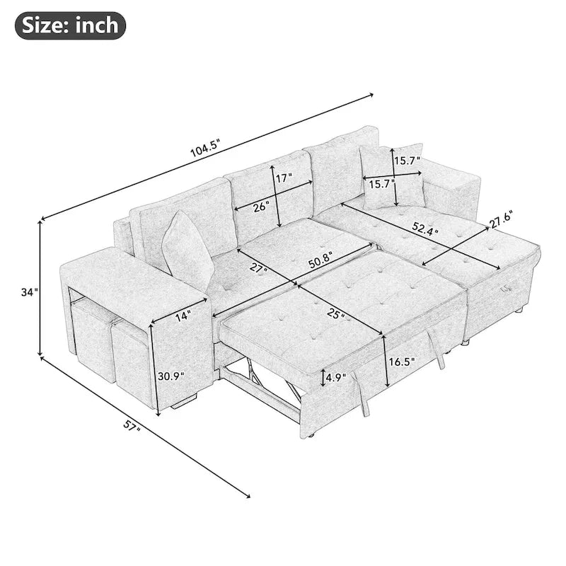 104 Modern L-Shape 3 Seat Reversible Sectional Couch, Pull Out Sleeper Sofa with Storage Chaise and 2 Stools