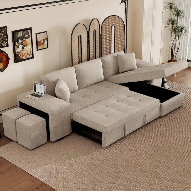 104 Modern L-Shape 3 Seat Reversible Sectional Couch, Pull Out Sleeper Sofa with Storage Chaise and 2 Stools