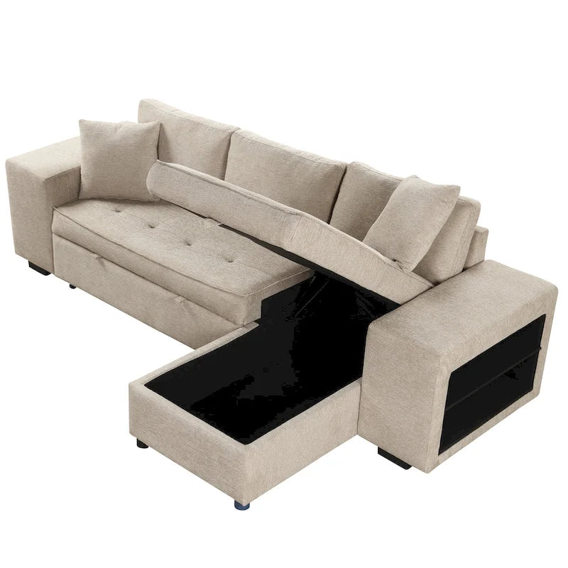104 Modern L-Shape 3 Seat Reversible Sectional Couch, Pull Out Sleeper Sofa with Storage Chaise and 2 Stools