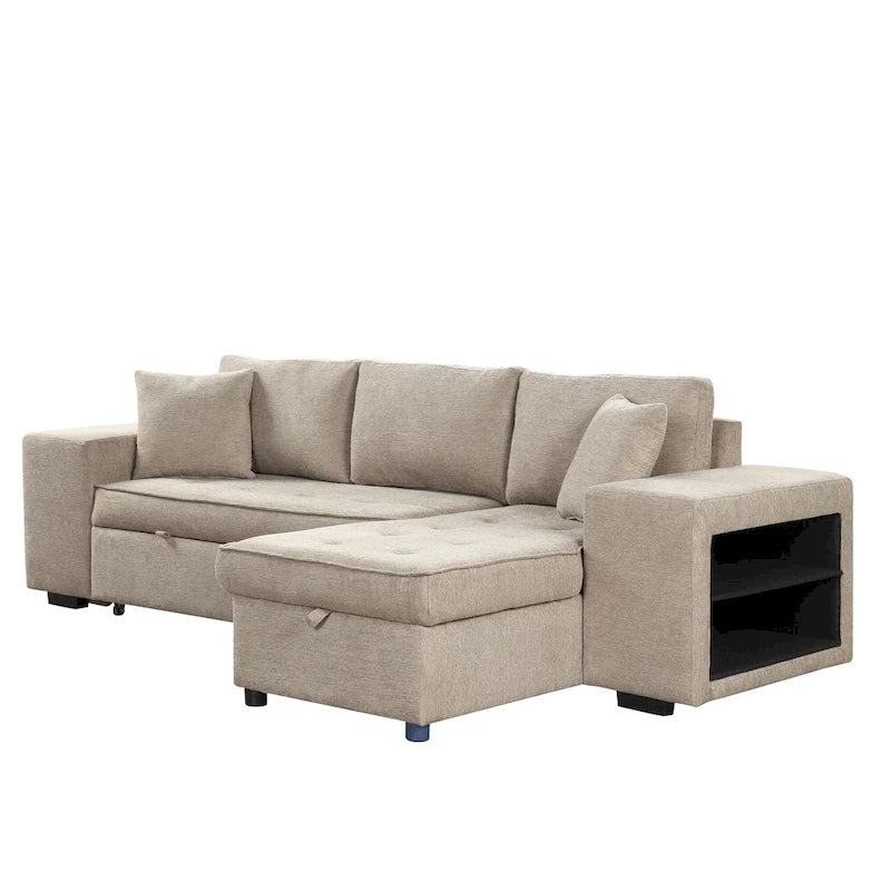 104 Modern L-Shape 3 Seat Reversible Sectional Couch, Pull Out Sleeper Sofa with Storage Chaise and 2 Stools