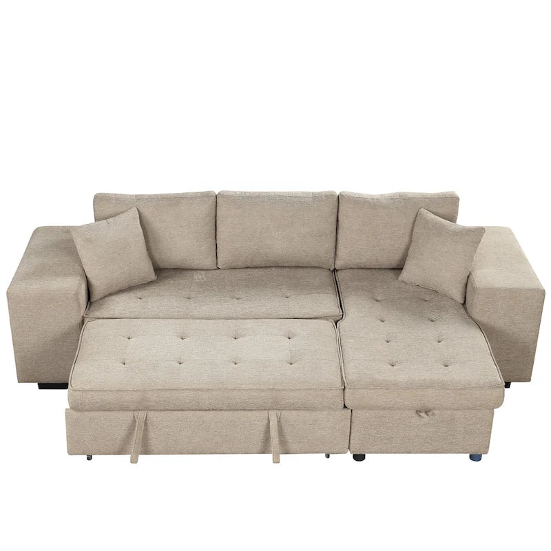 104 Modern L-Shape 3 Seat Reversible Sectional Couch, Pull Out Sleeper Sofa with Storage Chaise and 2 Stools