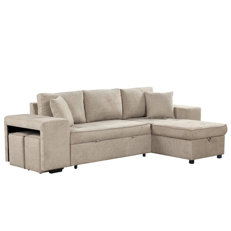 104 Modern L-Shape 3 Seat Reversible Sectional Couch, Pull Out Sleeper Sofa with Storage Chaise and 2 Stools