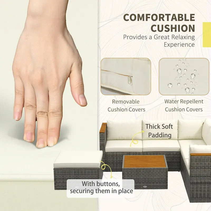 Outsunny Patio Wicker Furniture Set with Cushion, 7 Pieces Outdoor PE Rattan Sectional Sofa with Adjustable Backrest Seat Panel