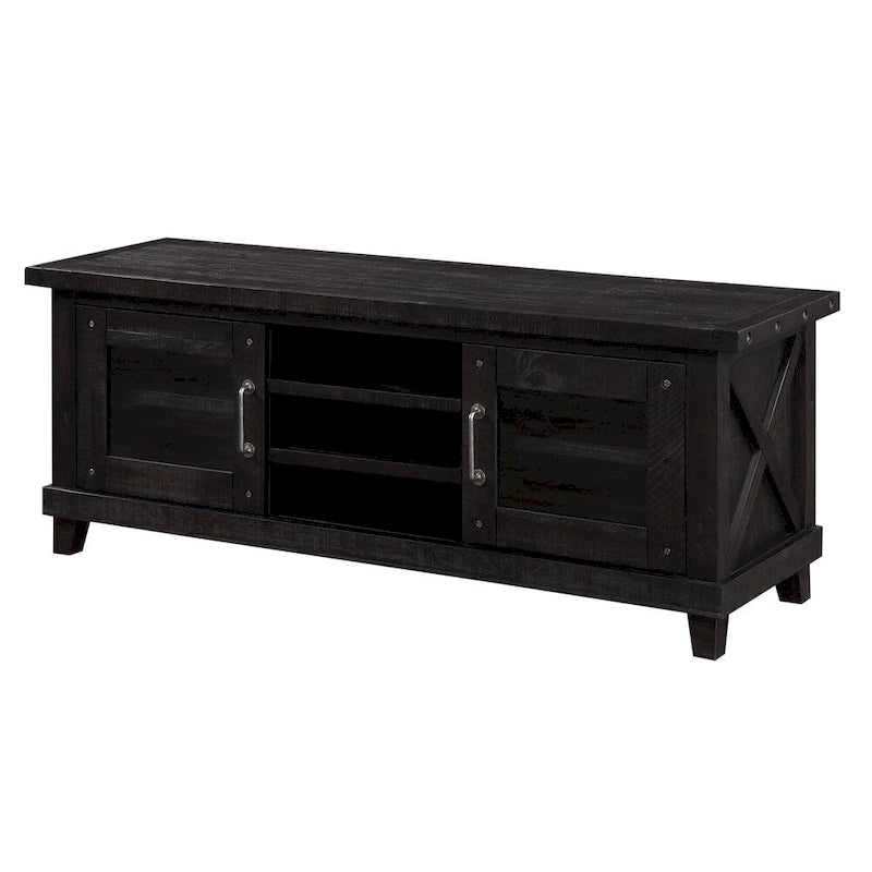 Three Open Shelves Entertainment Center with Exposed Bolts and Cross Bracing, Brown