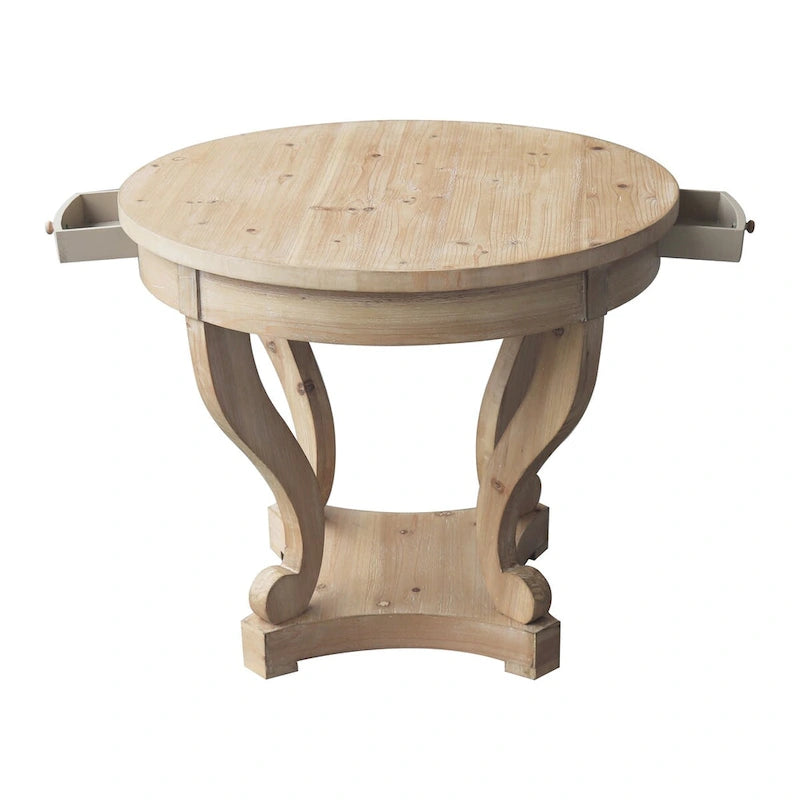Curved Legs Farmhouse Style Small Size Round Dining Table - Natural Wood