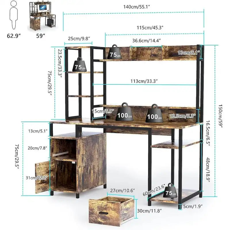 PAKASEPT 55 Computer Desk with Hutch and Storage Shelf
