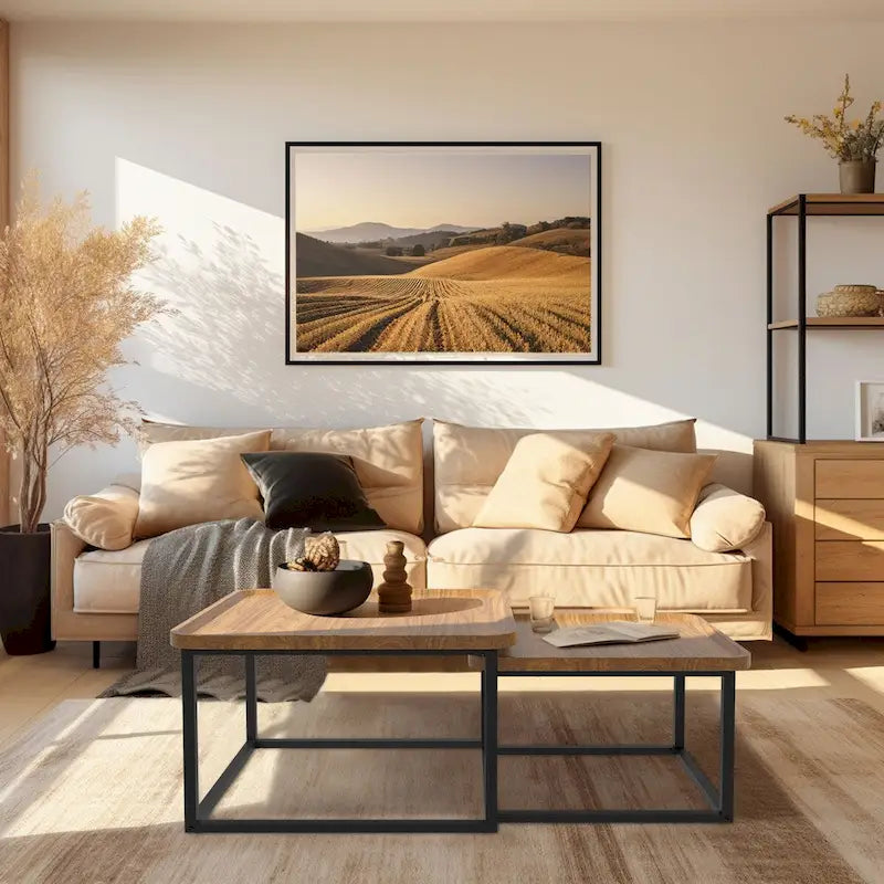 Square Nesting Coffee Table Set of 2 Wood Metal Stacking Side Table - 22x22x18