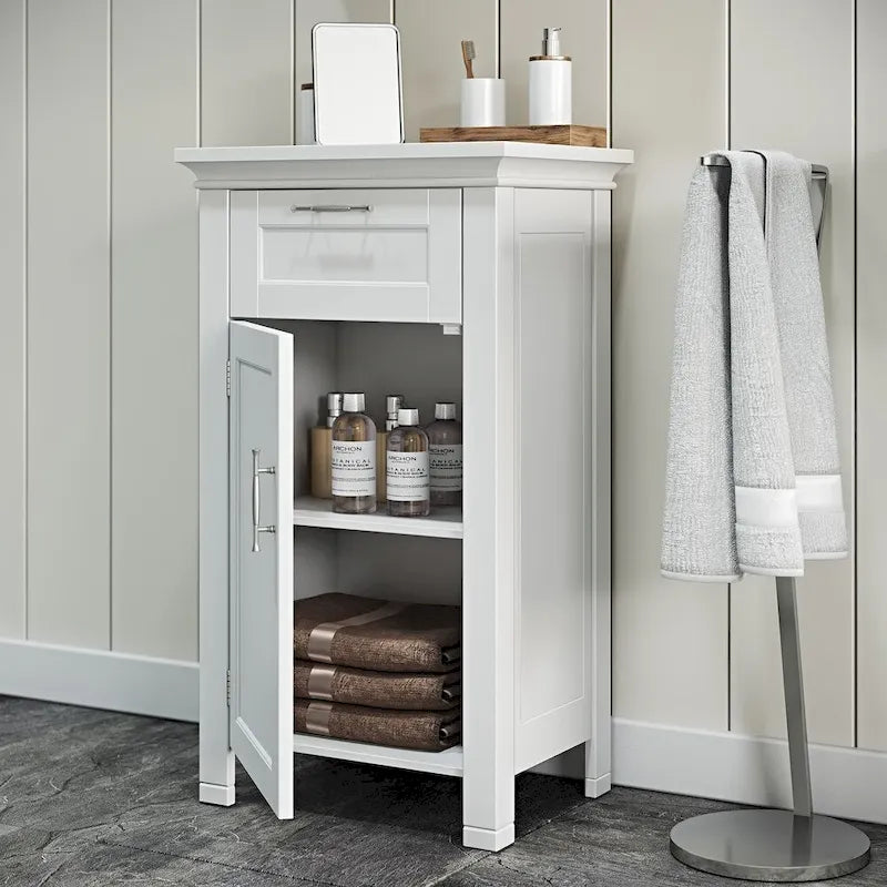 RiverRidge Somerset Single Door Bathroom and Laundry Storage Cabinet with Drawer and Adjustable Shelf - White