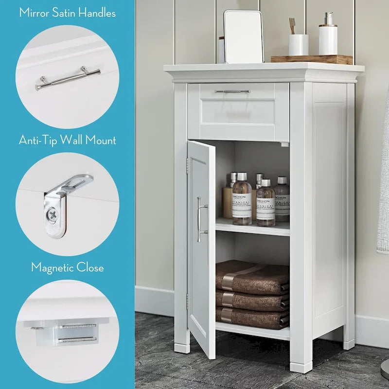 RiverRidge Somerset Single Door Bathroom and Laundry Storage Cabinet with Drawer and Adjustable Shelf - White