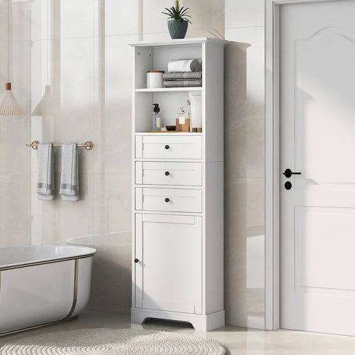 10 in. W x 22 in. D x 68.3 in. H White MDF Linen Cabinet with 3 Drawers and Adjustable Shelves