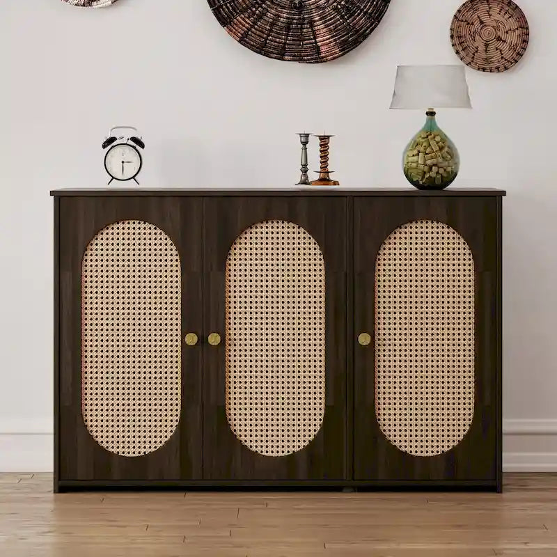 Rattan Doors and Metal Handles Sideboard with Large Storage Space