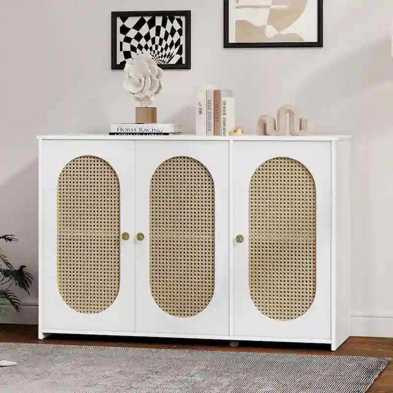 Rattan Doors and Metal Handles Sideboard with Large Storage Space
