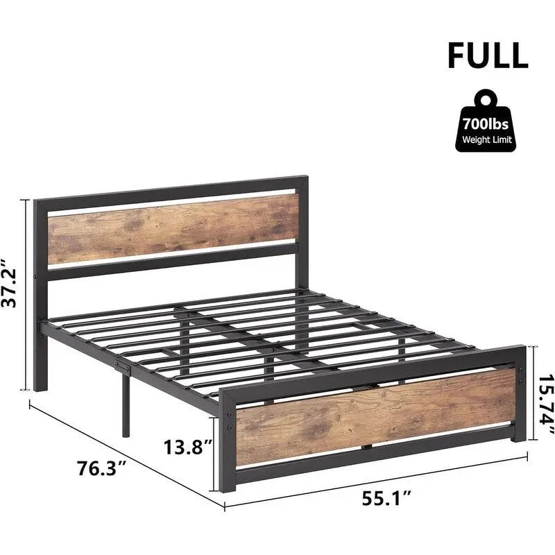 Full Bed Frame 14" Platform Metal Steel Slats Headboard Footboard Rustic No Box Spring 700 LBS
