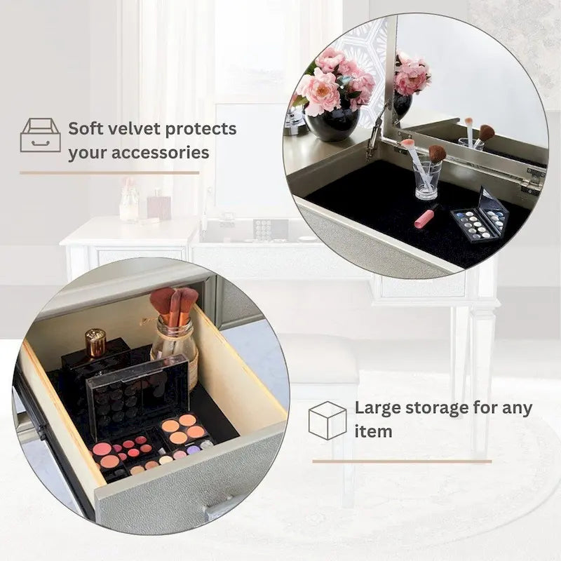 2-Drawer Mirrored Dresser with Vanity Table, Flip-Up Mirror, and Stool